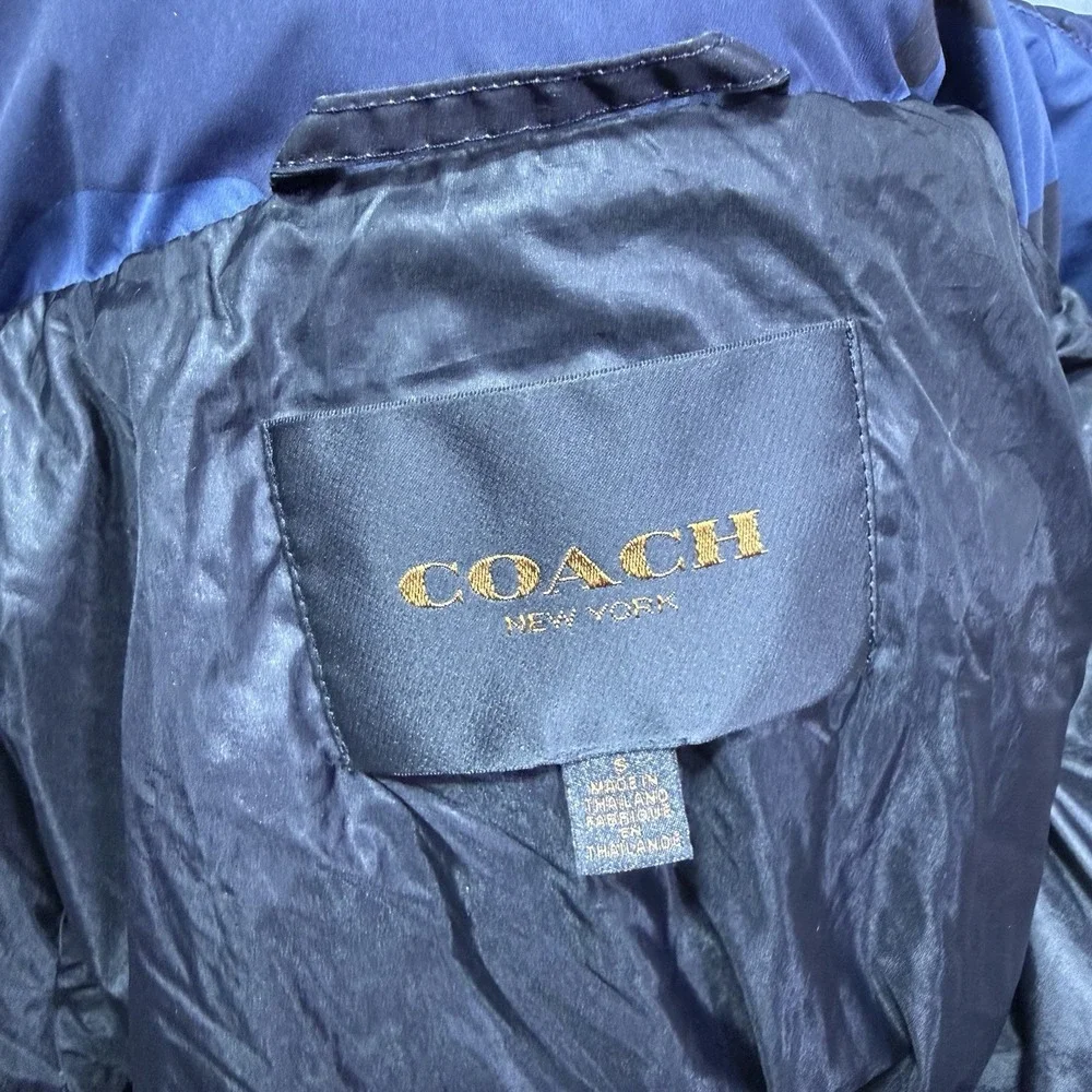 Coach Puffer Jacket Womens S Blue Camo Goose Down Sherpa Hood